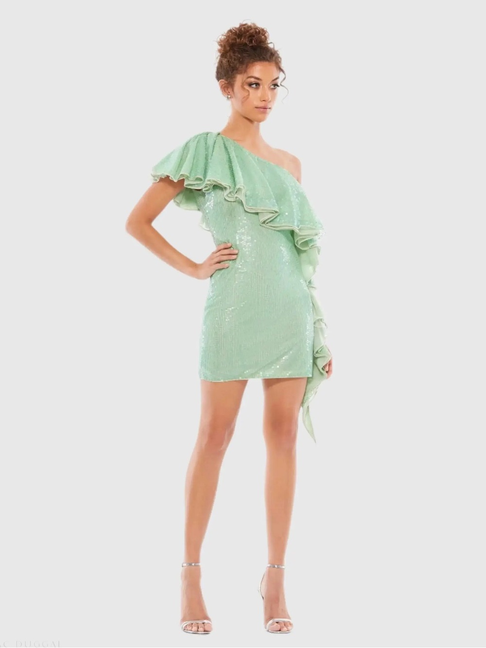 Mac Duggal Mint One-Shoulder Ruffle Sequin Mini Dress